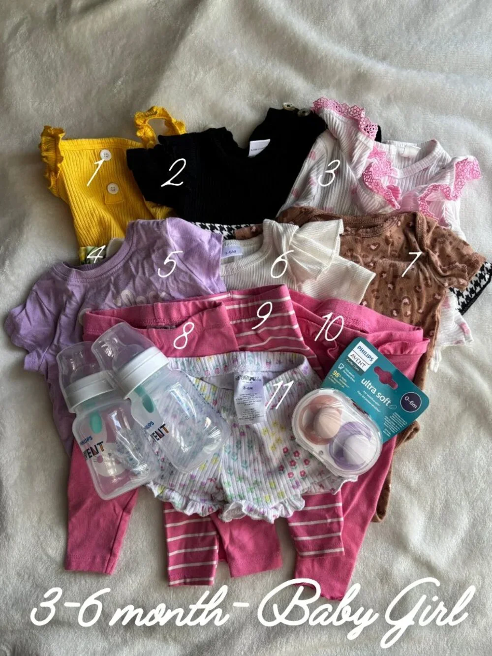 3–6 Month Baby Girl Bundle | 11-Piece Clothing Lot + 2 NEW Baby Bottles